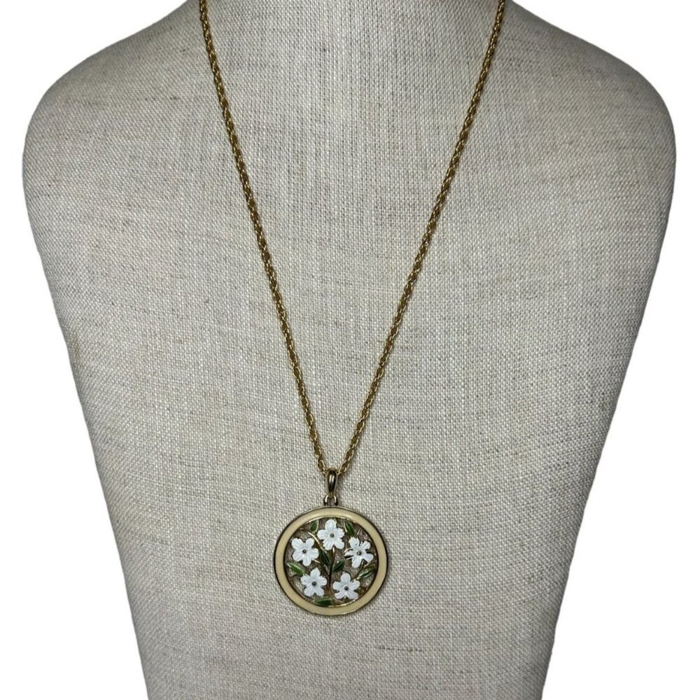 Vintage Gold Tone Enamel Flower Pendant And Necklace - 24in